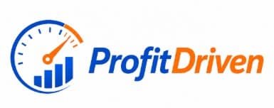 ProfitDriven logo featuring a blue and orange speedometer icon with a rising bar chart.